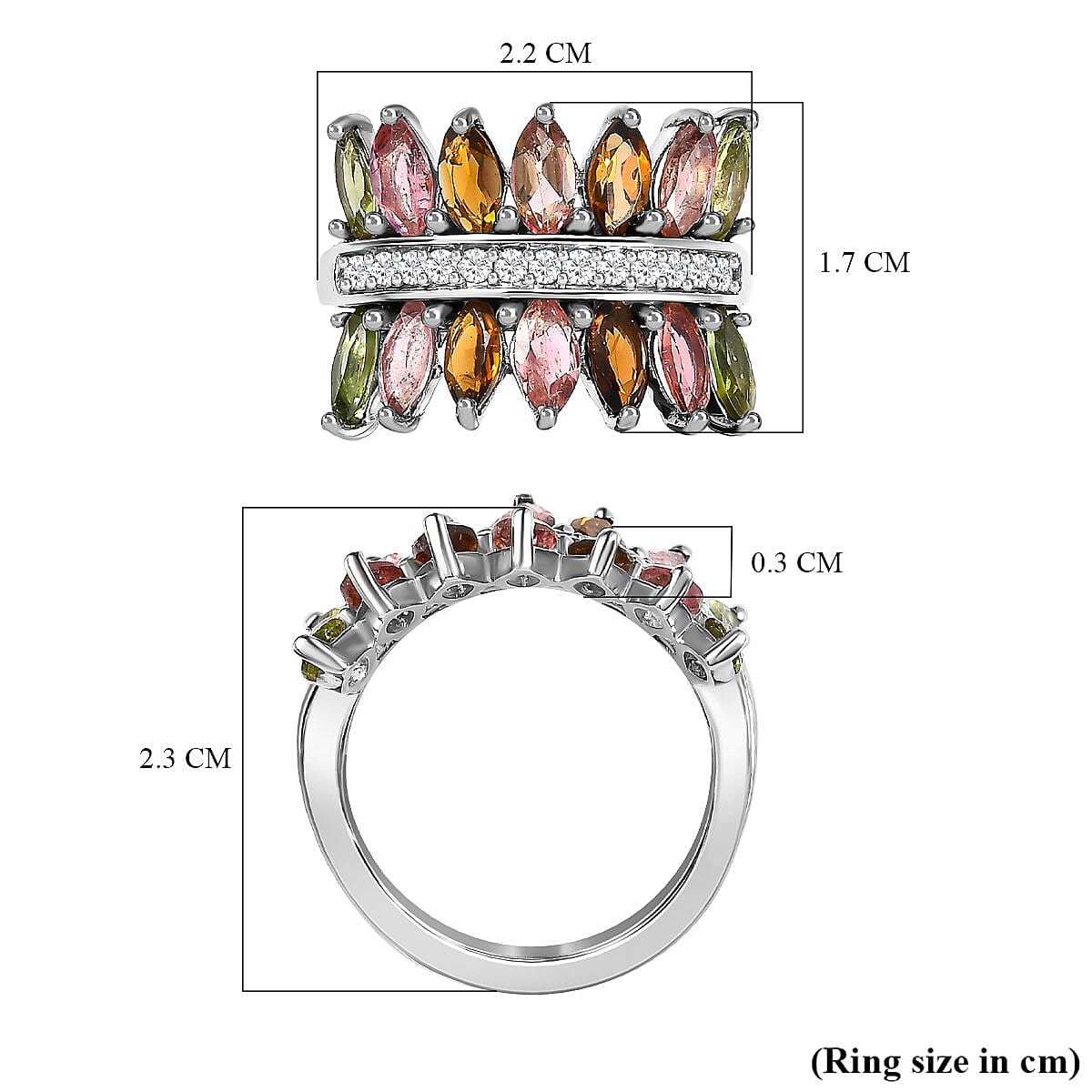 Multi-Tourmaline and Natural Zircon Ring in Platinum Overlay Sterling Silver 3.20 Ct.
