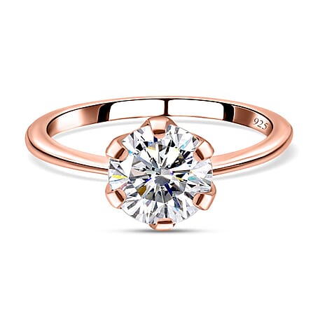 Moissanite Solitaire Ring in 18K Vermeil Rose Gold Plated Sterling Silver 0.744 Ct.