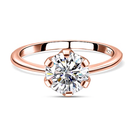 Moissanite Solitaire Ring in Sterling Silver with 18K Vermeil Rose Gold