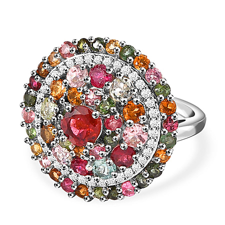 Multi-Tourmaline and Natural Zircon Cluster Ring in Platinum Overlay Sterling Silver 4.281 Ct, Silver Wt. 5.25 Gms
