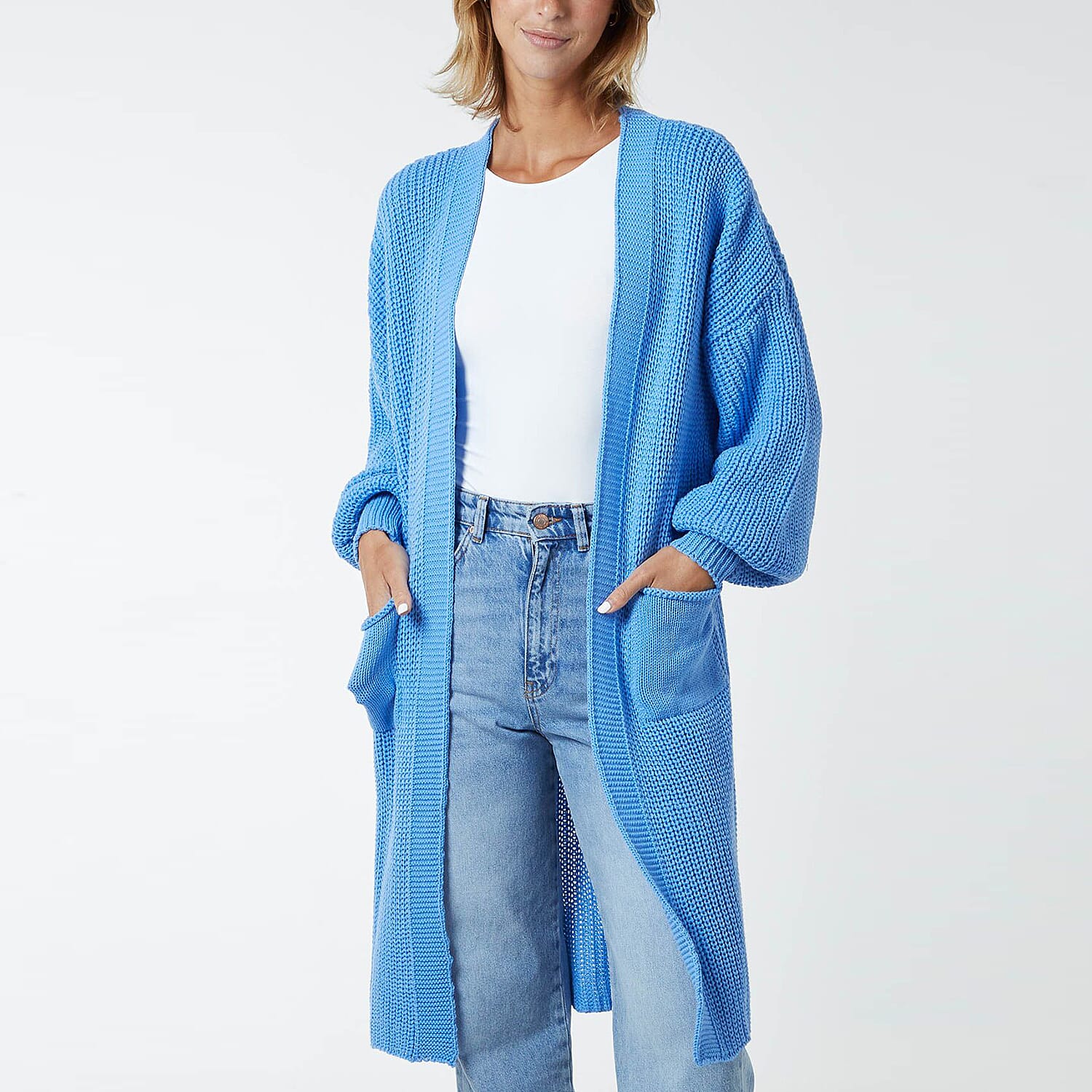 Nova of London Edge to Edge Knitted Long Cardigan (One Size) - Light Blue