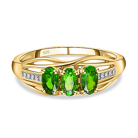 Natural Chrome Diopside 3 Stone Ring in 18K Vermeil Yellow Gold  Plated Sterling Silver