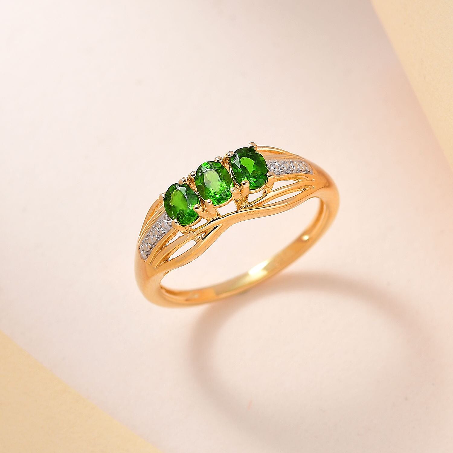 Natural Chrome Diopside Trilogy Ring in 18K Vermeil Yellow Gold Plated Sterling Silver Natural Chrome Diopside Trilogy Ring in 18K Vermeil Yellow Gold Plated Sterling Silver