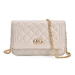 Closeout Deal - Genuine Leather Quilted Diamond Pattern Shoulder Bag with Panther Link Strap - Navy Blue