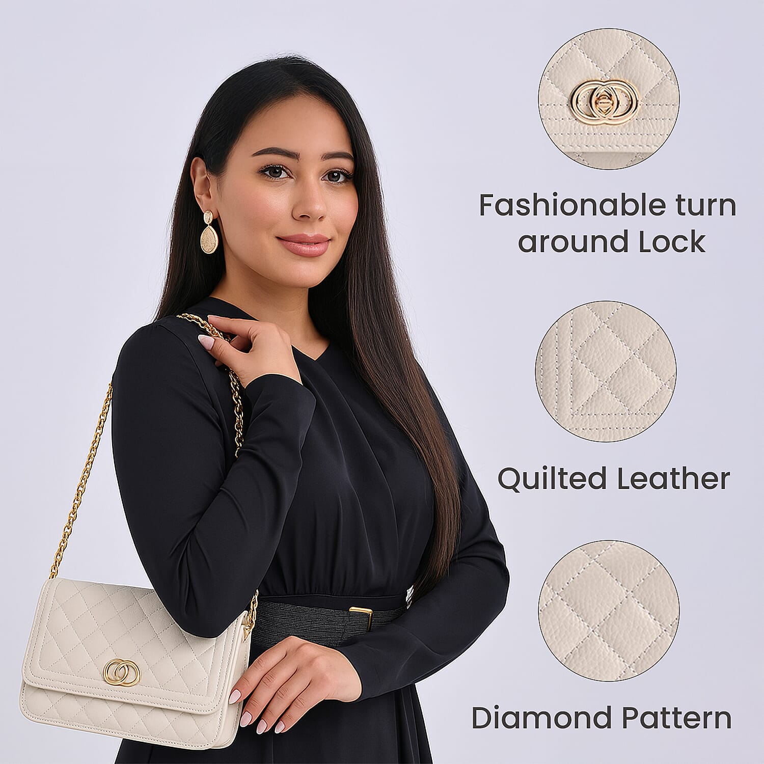 Genuine Leather Couture Quilted Diamond Pattern Shoulder Bag with Panther Link Strap - Off-White