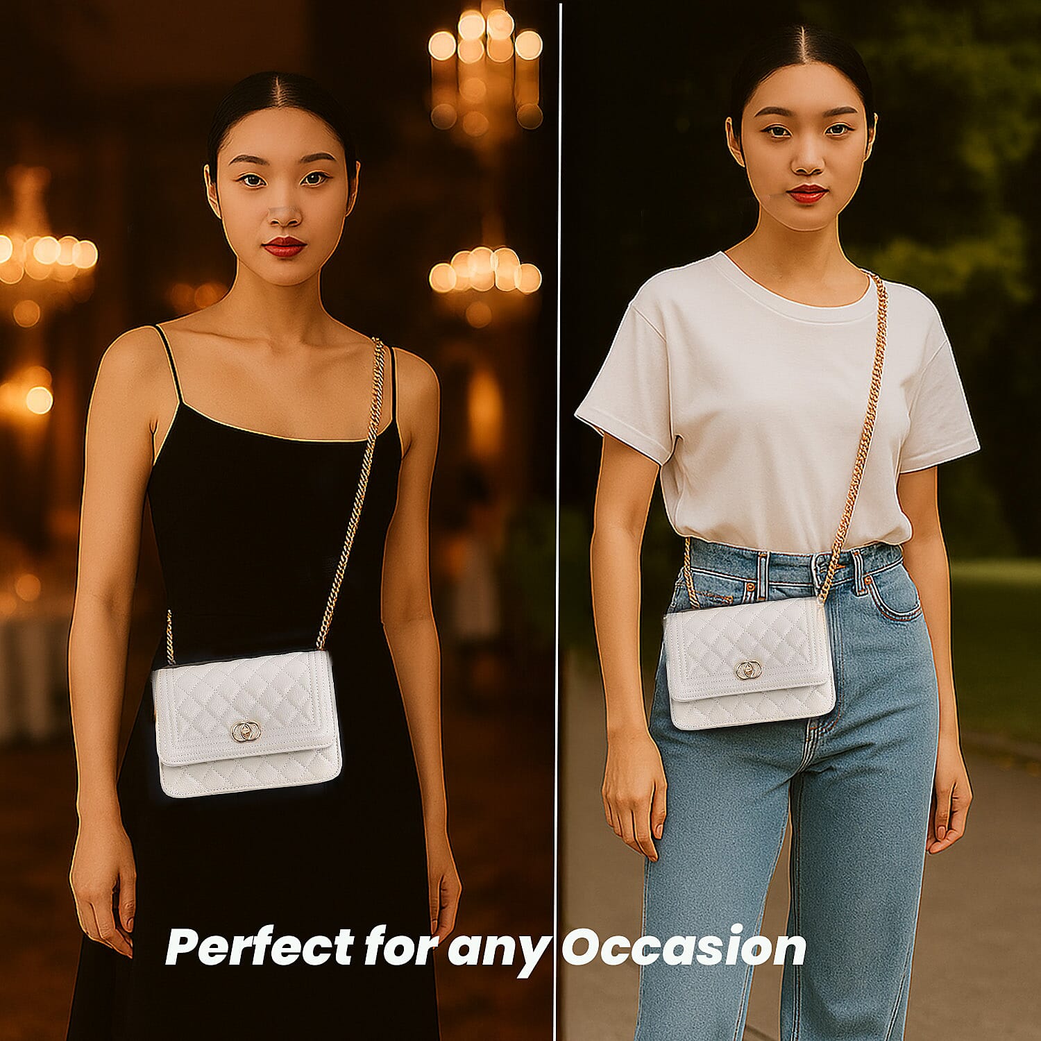 Genuine Leather Couture Quilted Diamond Pattern Shoulder Bag with Panther Link Strap - Off-White