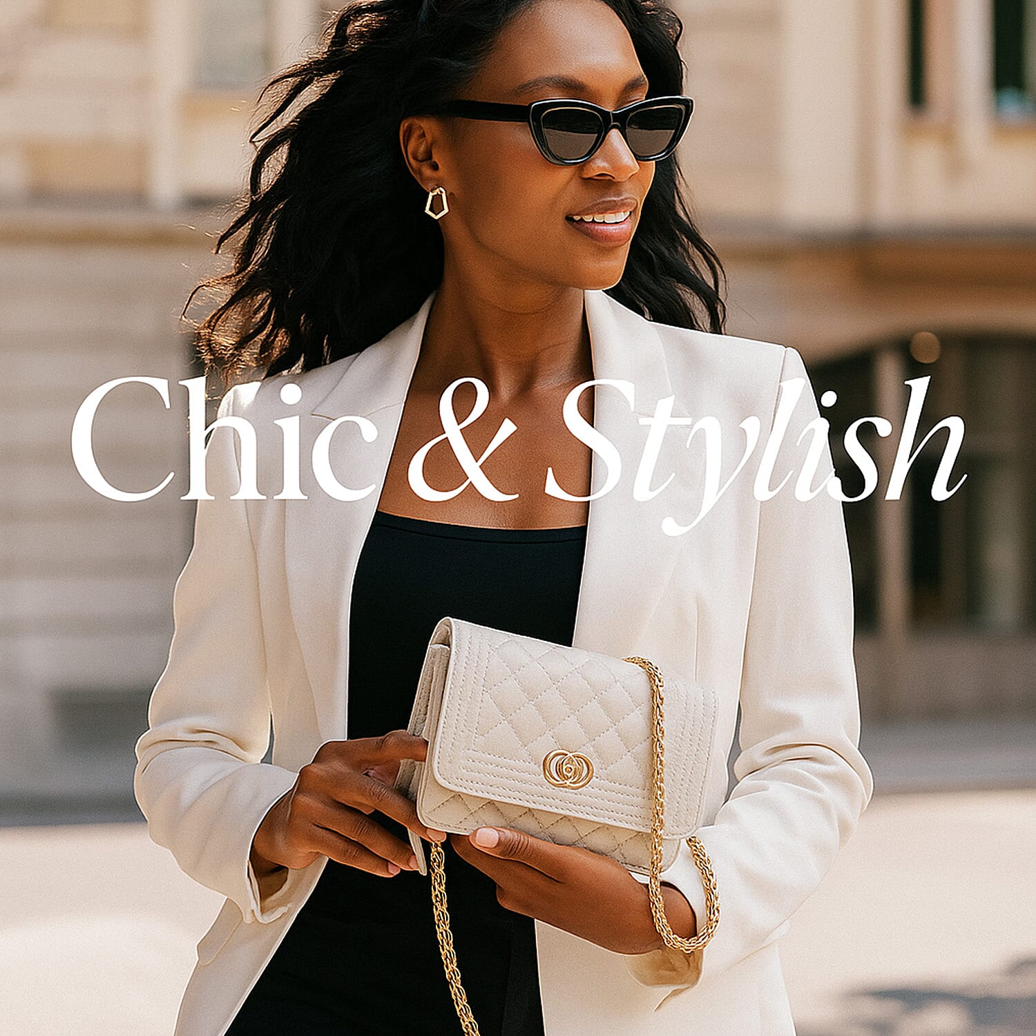 Genuine Leather Couture Quilted Diamond Pattern Shoulder Bag with Panther Link Strap - Off-White