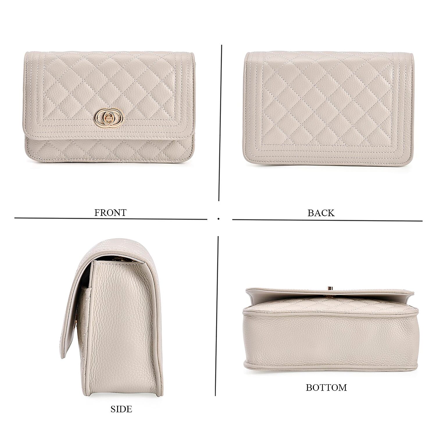 Genuine Leather Couture Quilted Diamond Pattern Shoulder Bag with Panther Link Strap - Off-White