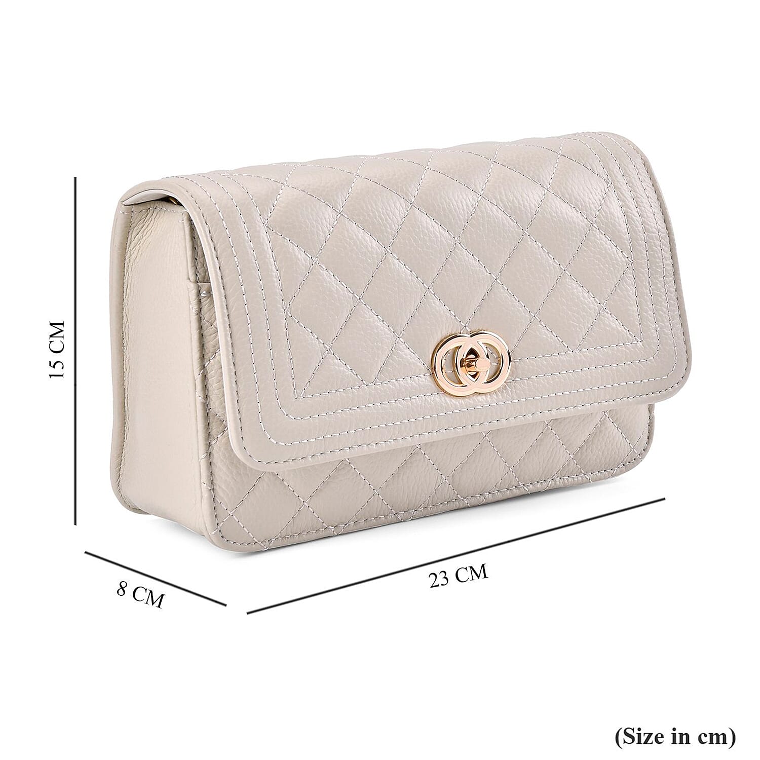 Genuine Leather Couture Quilted Diamond Pattern Shoulder Bag with Panther Link Strap - Off-White