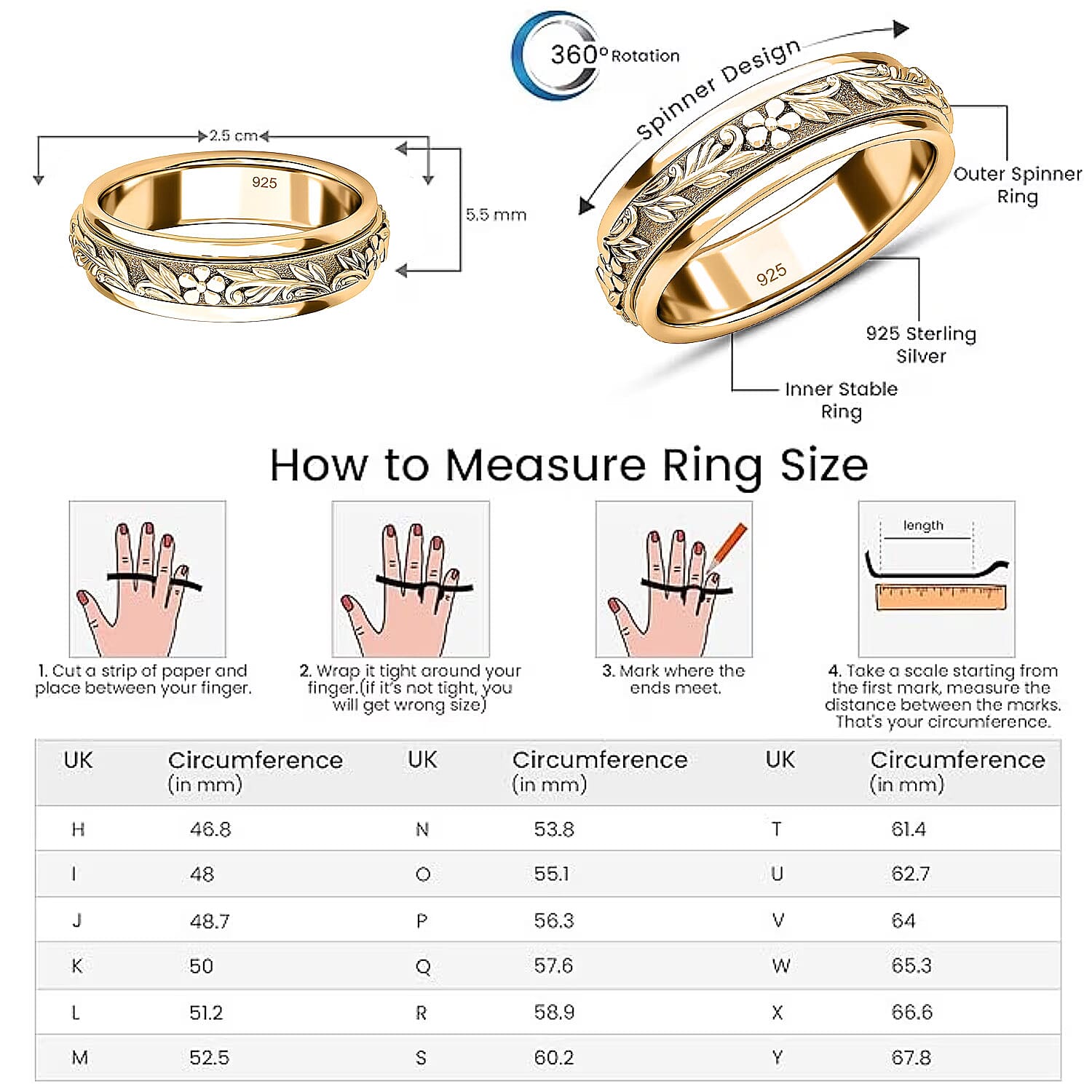 Sterling Silver Fidget Spinner Band Anxiety Stress Reliever Ring for Men and Women