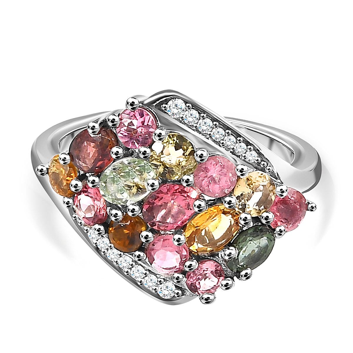Multi-Tourmaline and Natural Zircon Cluster Ring in Platinum Overlay Sterling Silver 2.23 Ct.