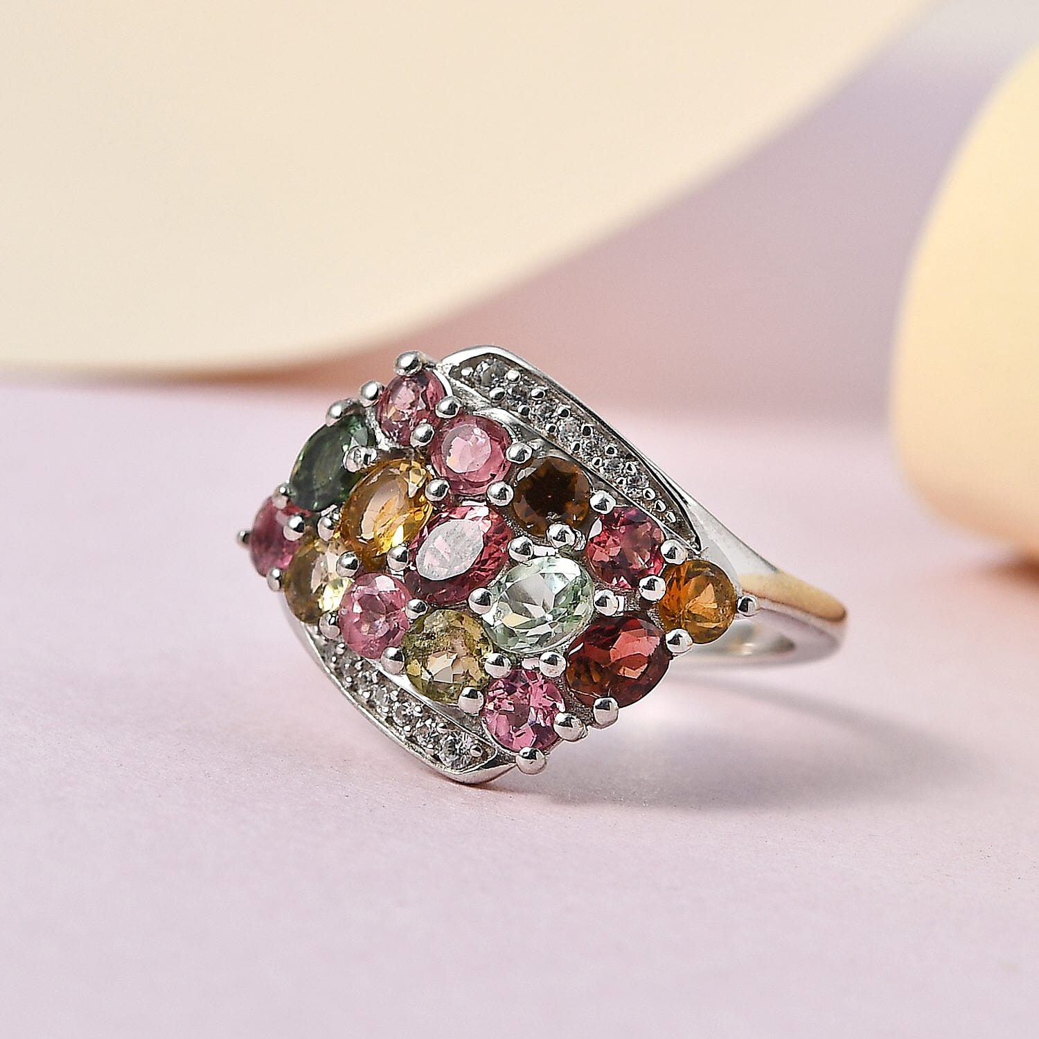 Multi-Tourmaline and Natural Zircon Cluster Ring in Platinum Overlay Sterling Silver 2.23 Ct.