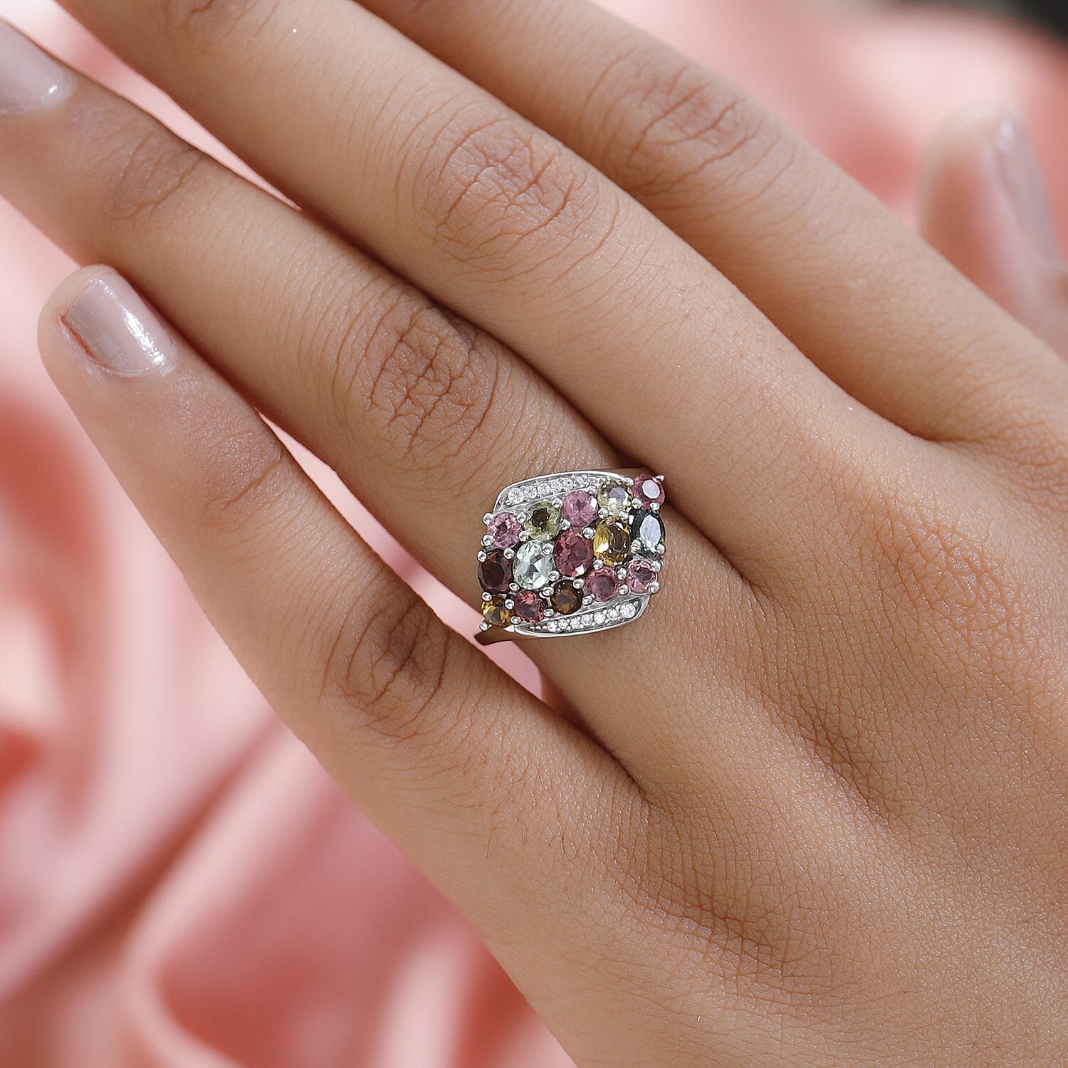 Multi-Tourmaline and Natural Zircon Cluster Ring in Platinum Overlay Sterling Silver 2.23 Ct.
