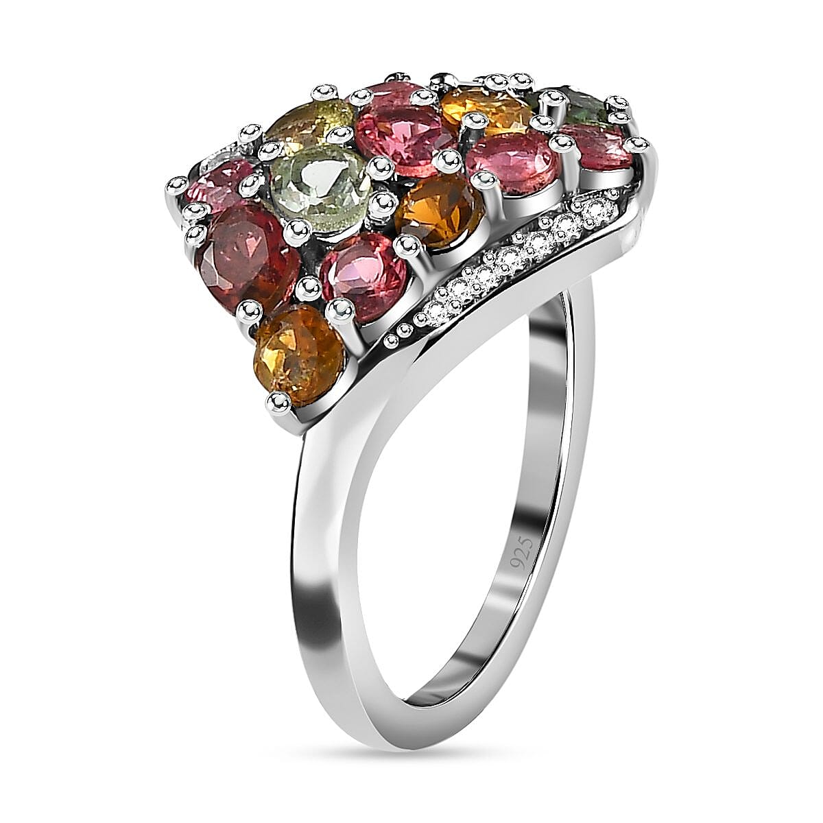 Multi-Tourmaline and Natural Zircon Cluster Ring in Platinum Overlay Sterling Silver 2.23 Ct.
