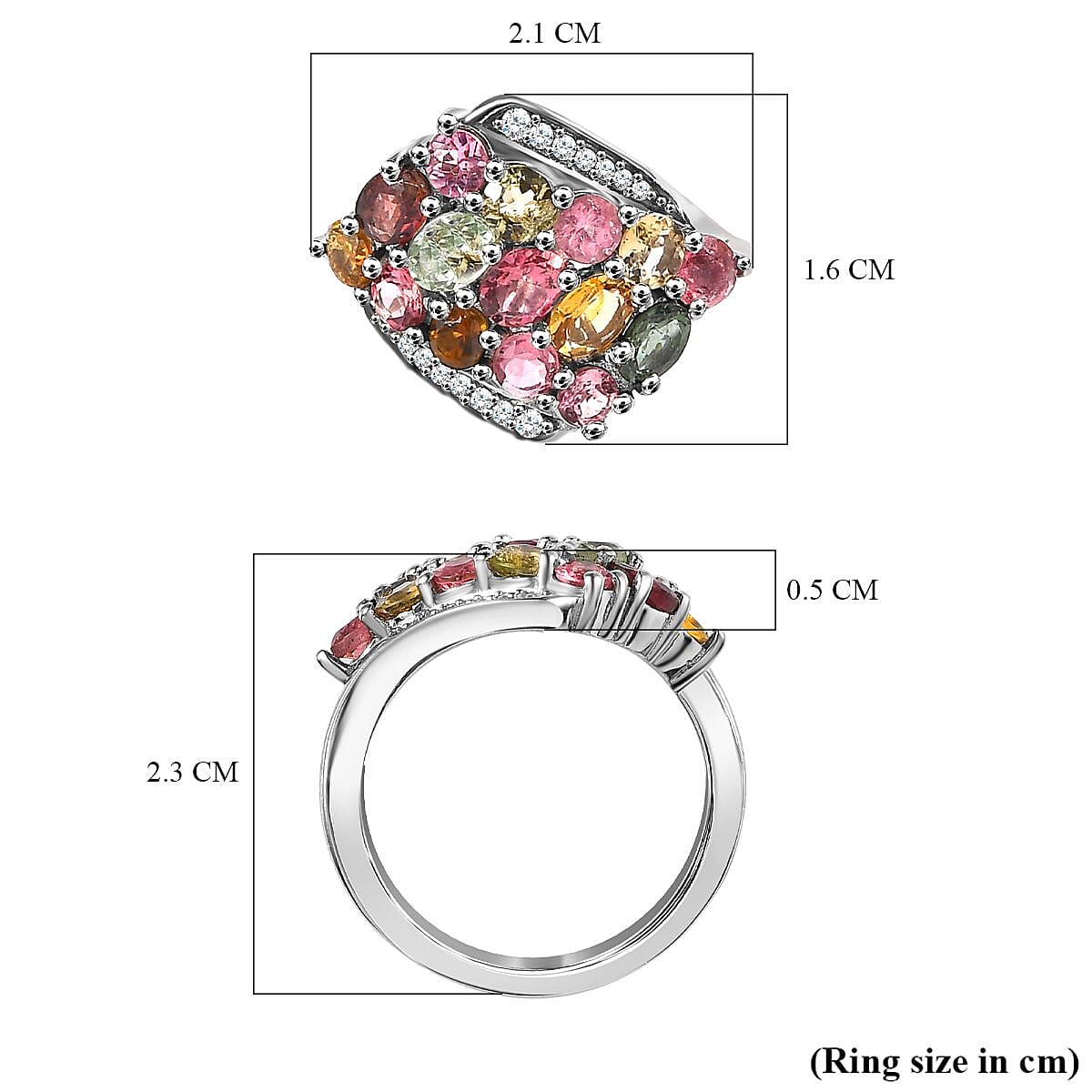 Multi-Tourmaline and Natural Zircon Cluster Ring in Platinum Overlay Sterling Silver 2.23 Ct.