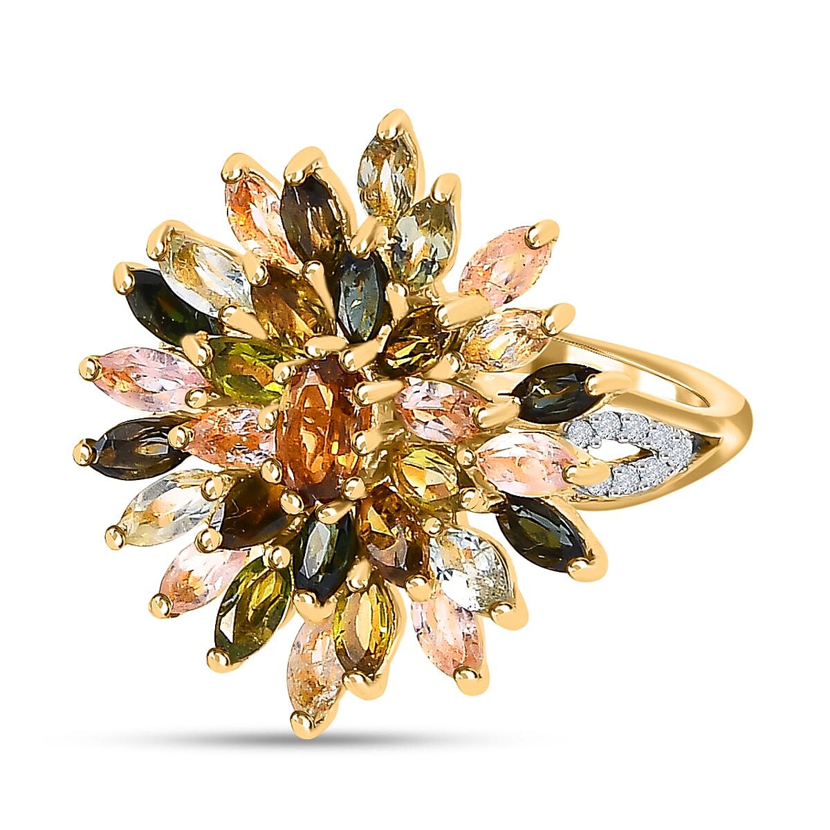 Multi-Tourmaline and Natural Cambodian Zircon Cluster Ring in 18K Vermeil Yellow Gold Plated Sterling Silver 3.23 Ct.