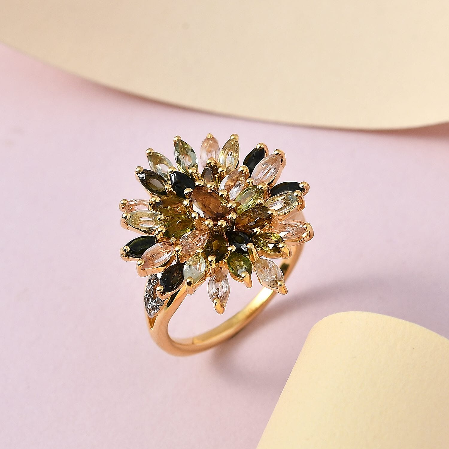 Multi-Tourmaline and Natural Cambodian Zircon Cluster Ring in 18K Vermeil Yellow Gold Plated Sterling Silver 3.23 Ct.
