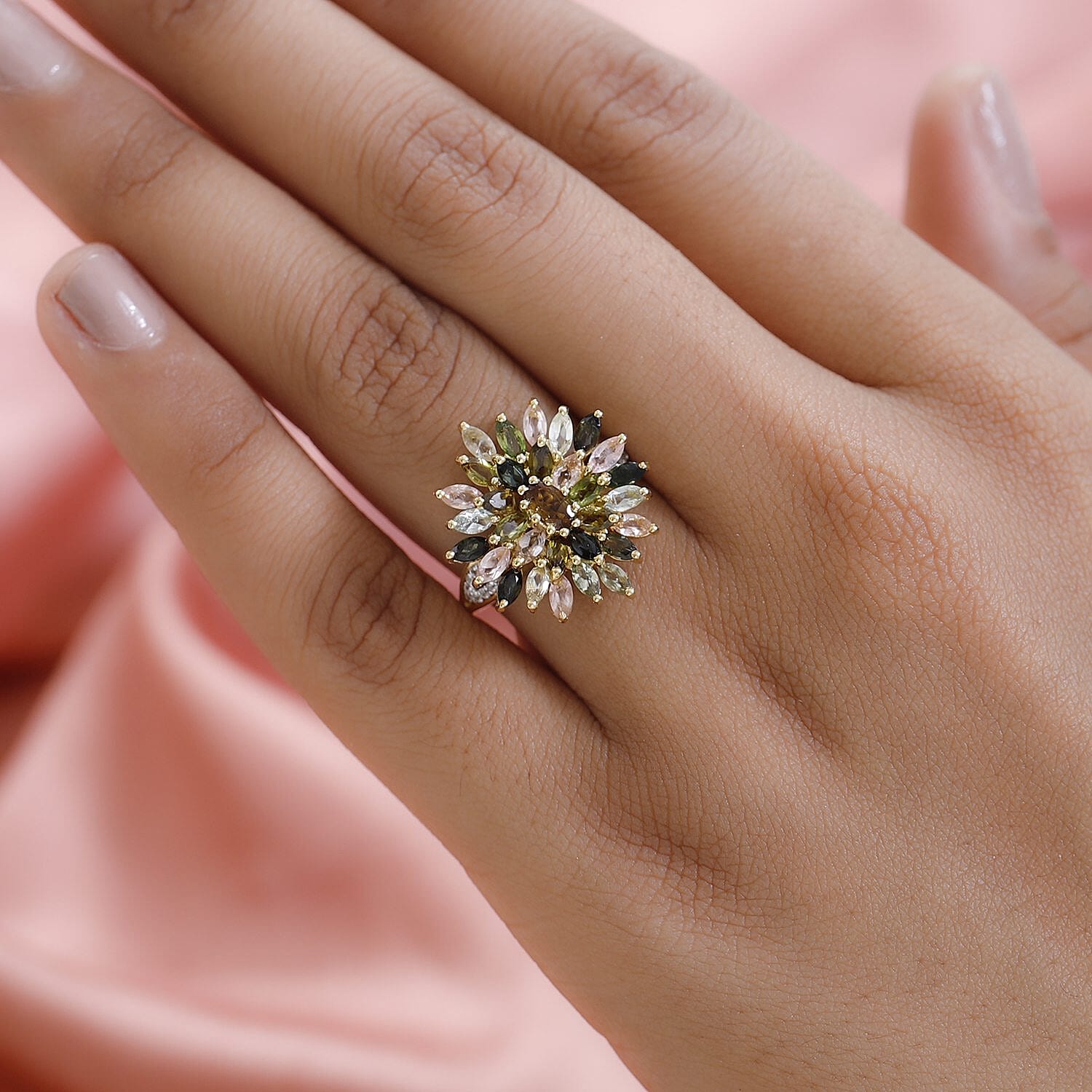 Multi-Tourmaline and Natural Cambodian Zircon Cluster Ring in 18K Vermeil Yellow Gold Plated Sterling Silver 3.23 Ct.