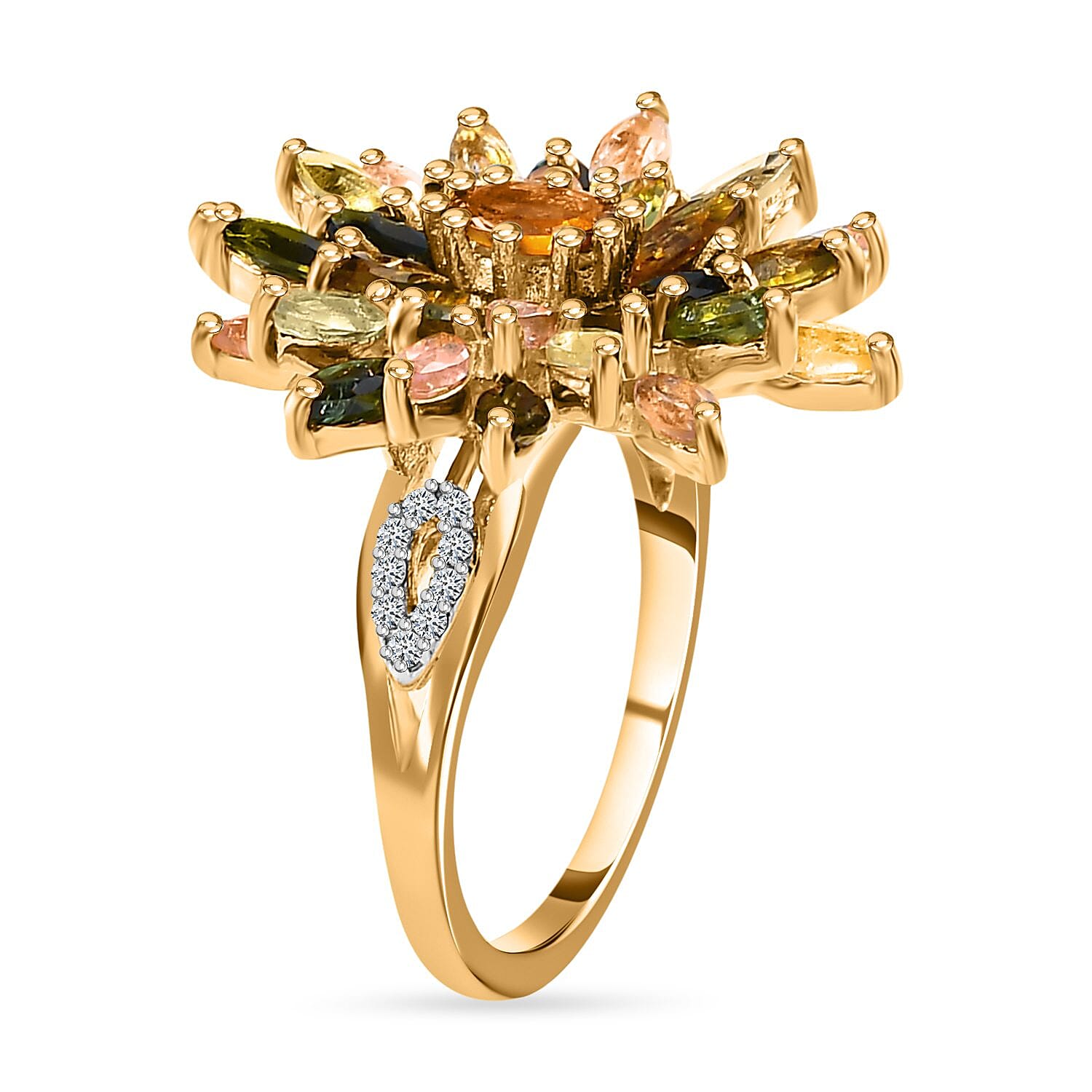 Multi-Tourmaline and Natural Cambodian Zircon Cluster Ring in 18K Vermeil Yellow Gold Plated Sterling Silver 3.23 Ct.