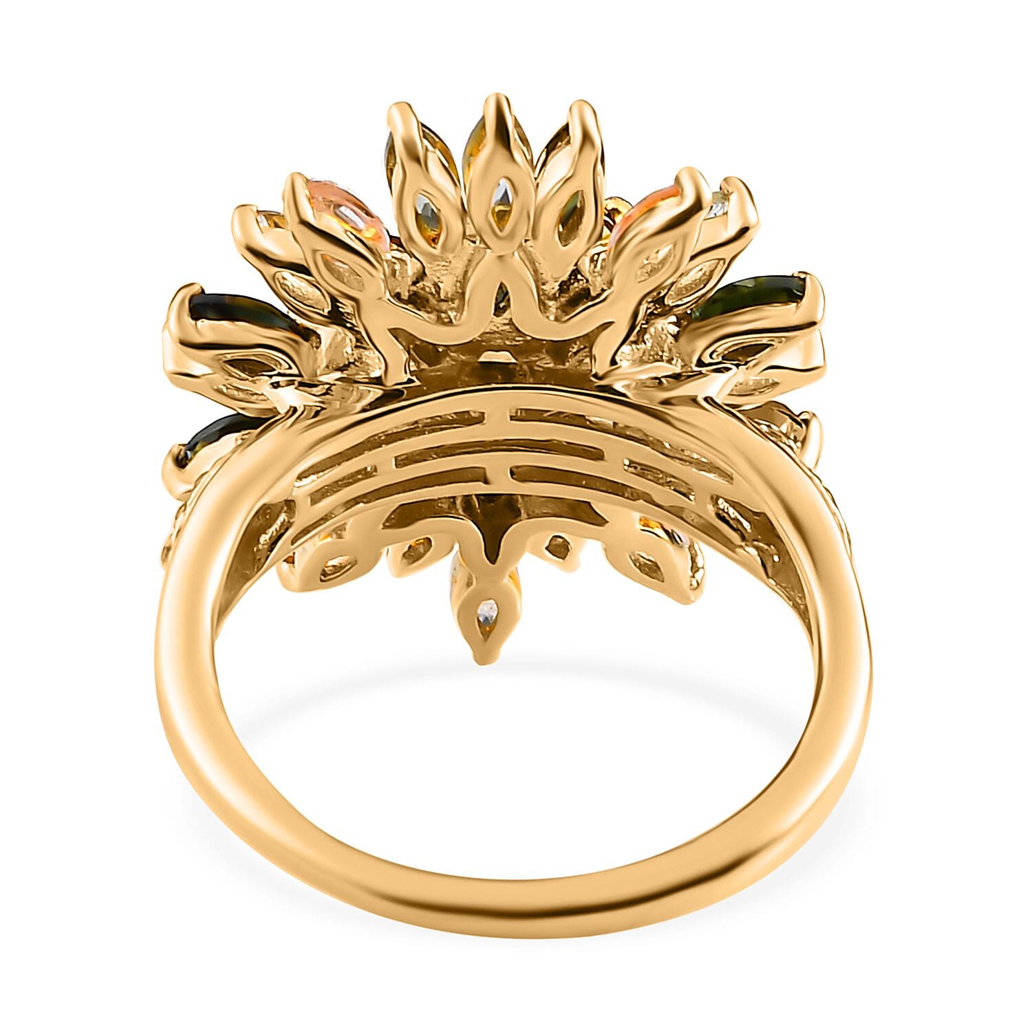 Multi-Tourmaline and Natural Cambodian Zircon Cluster Ring in 18K Vermeil Yellow Gold Plated Sterling Silver 3.23 Ct.