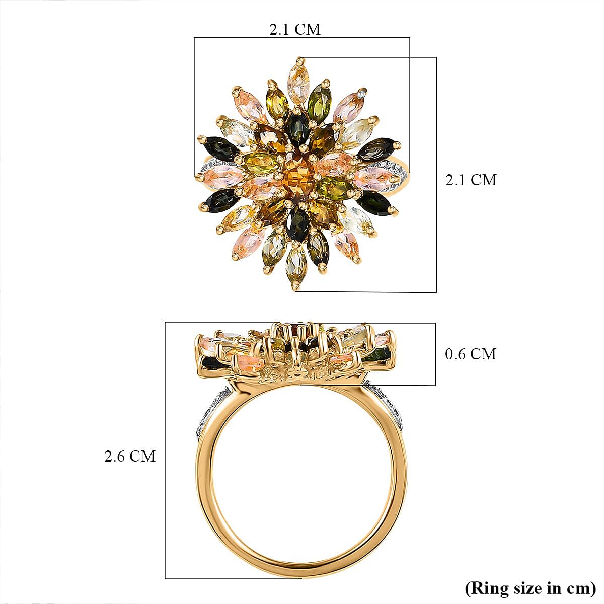 Multi-Tourmaline and Natural Cambodian Zircon Cluster Ring in 18K Vermeil Yellow Gold Plated Sterling Silver 3.23 Ct.