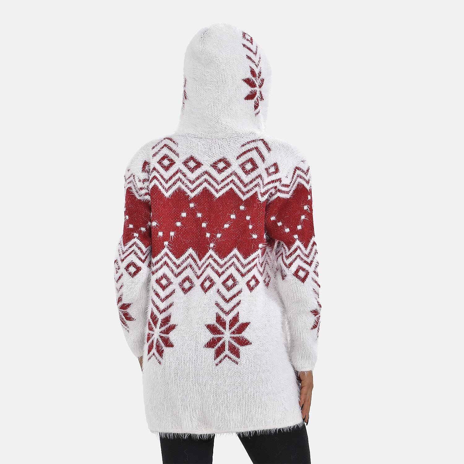 Floral Pattern Winter Hoodie with 2 Pockets (One Size) - Red & White