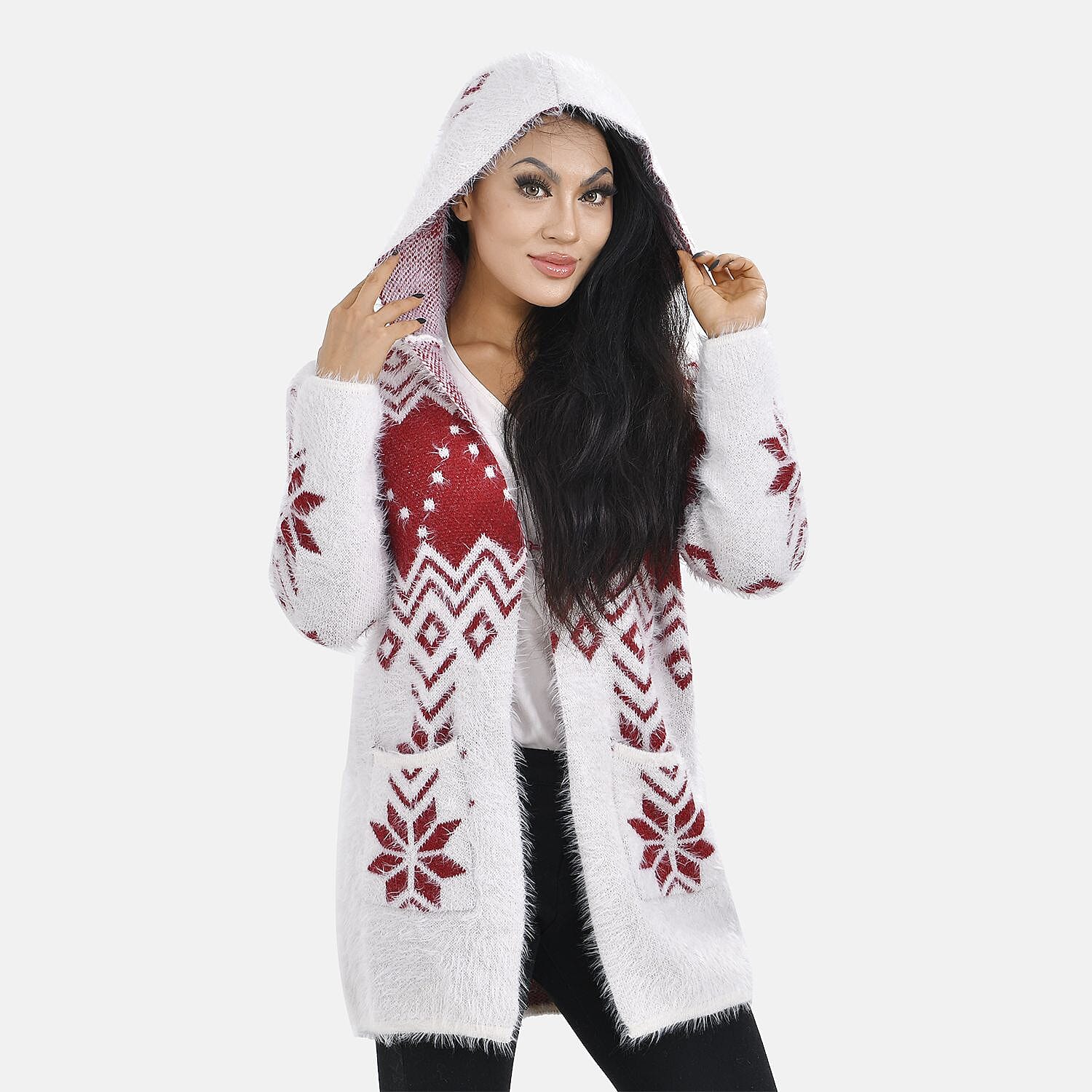 Floral Pattern Winter Hoodie with 2 Pockets (One Size) - Red & White