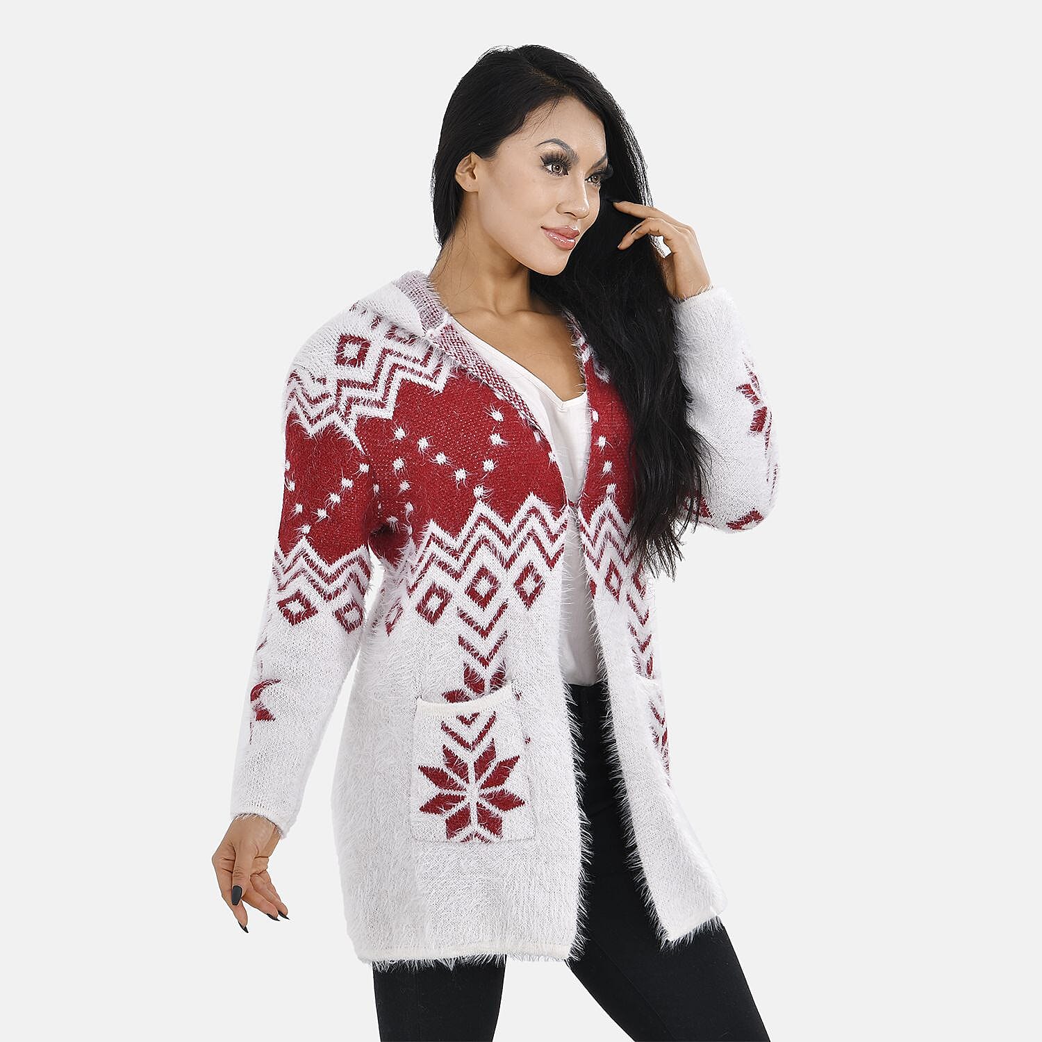 Floral Pattern Winter Hoodie with 2 Pockets (One Size) - Red & White