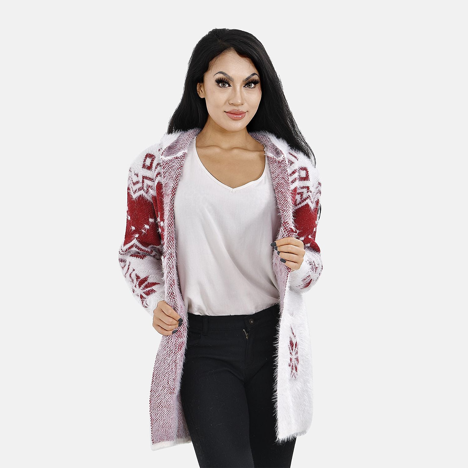 Floral Pattern Winter Hoodie with 2 Pockets (One Size) - Red & White