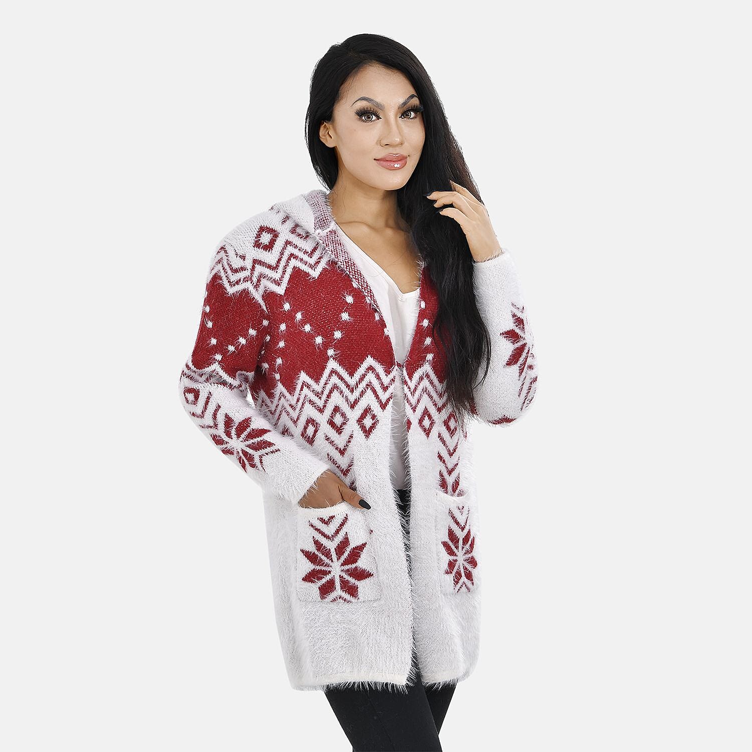 Floral Pattern Winter Hoodie with 2 Pockets (One Size) - Red & White