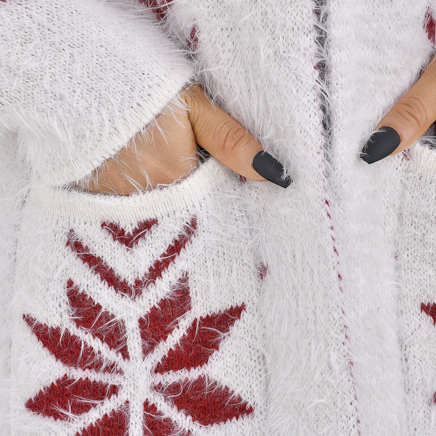 Floral Pattern Winter Hoodie with 2 Pockets (One Size) - Red & White