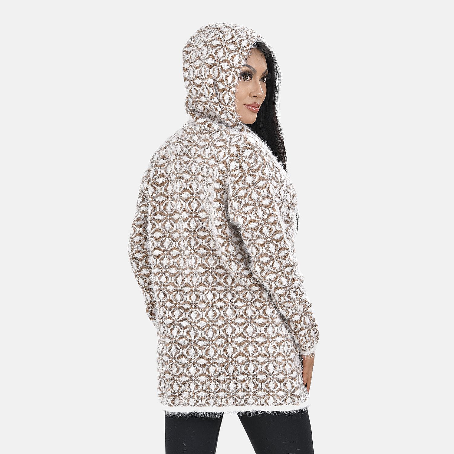 Classic Pattern Coatigan with Hoodie (One Size 8-18) - Brown & White