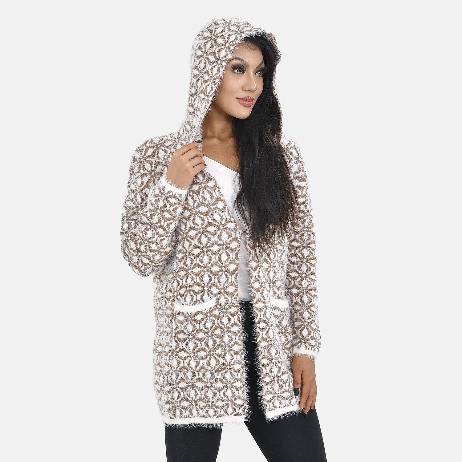 Classic Pattern Coatigan with Hoodie (One Size 8-18) - Brown & White