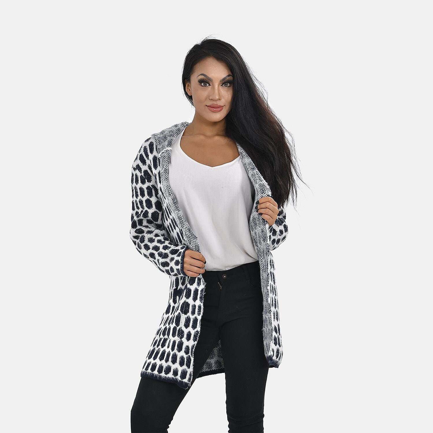 Polka Dot Pattern Coatigan with Hoodie (Size Up to 20) - Navy & White