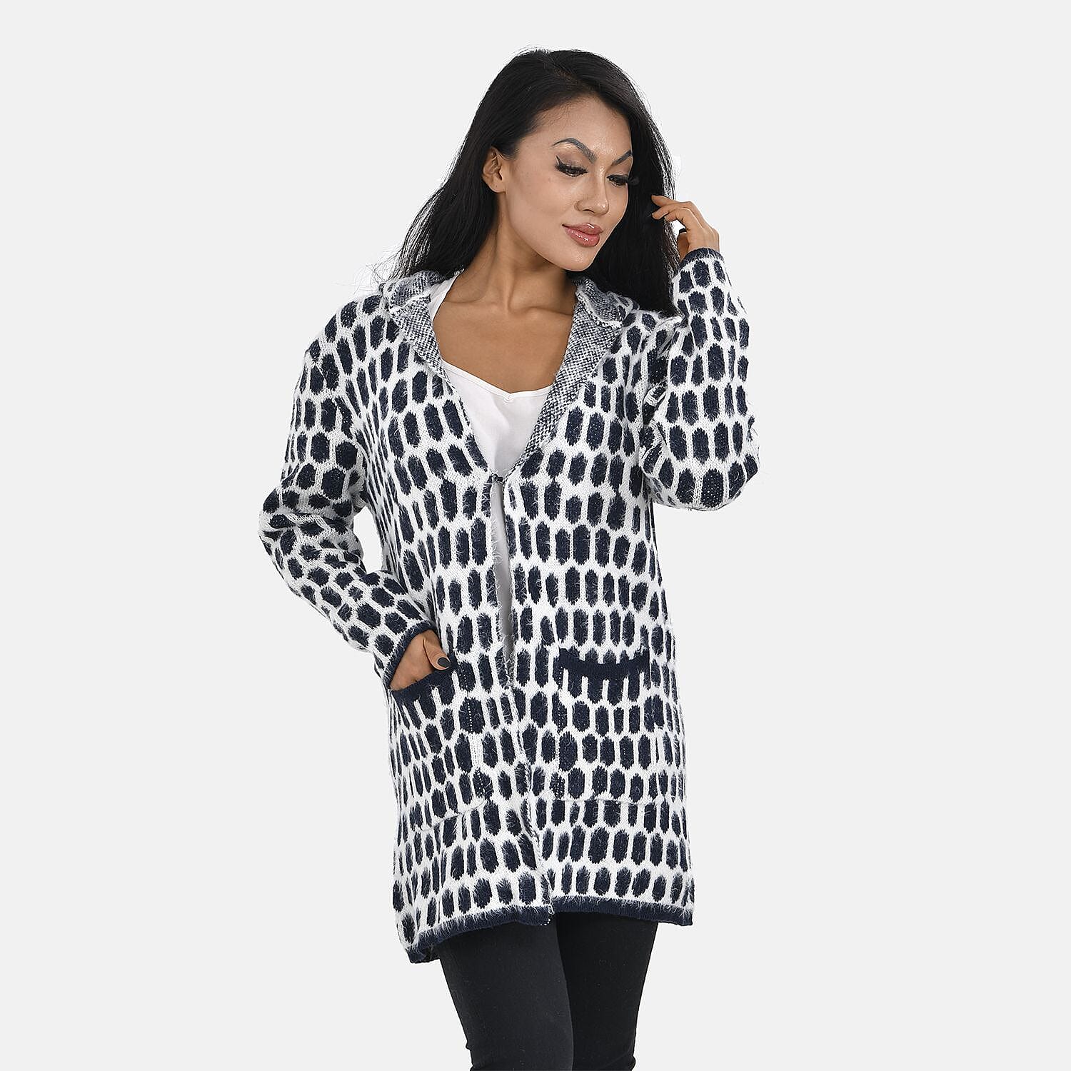 Polka Dot Pattern Coatigan with Hoodie (Size Up to 20) - Navy & White