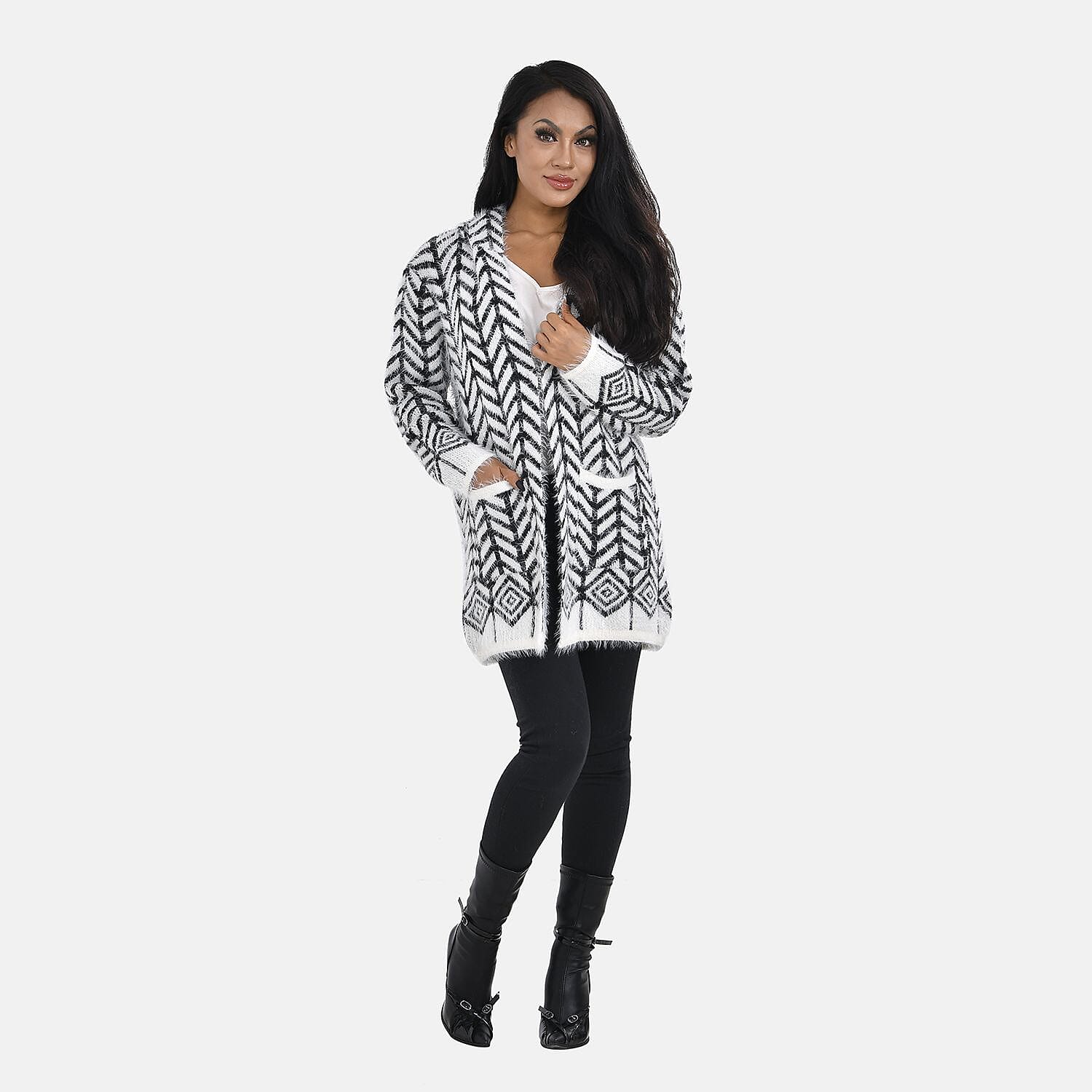 Abstract Pattern Coatigan with Hoodie (Size 8 - 18) - Black - White