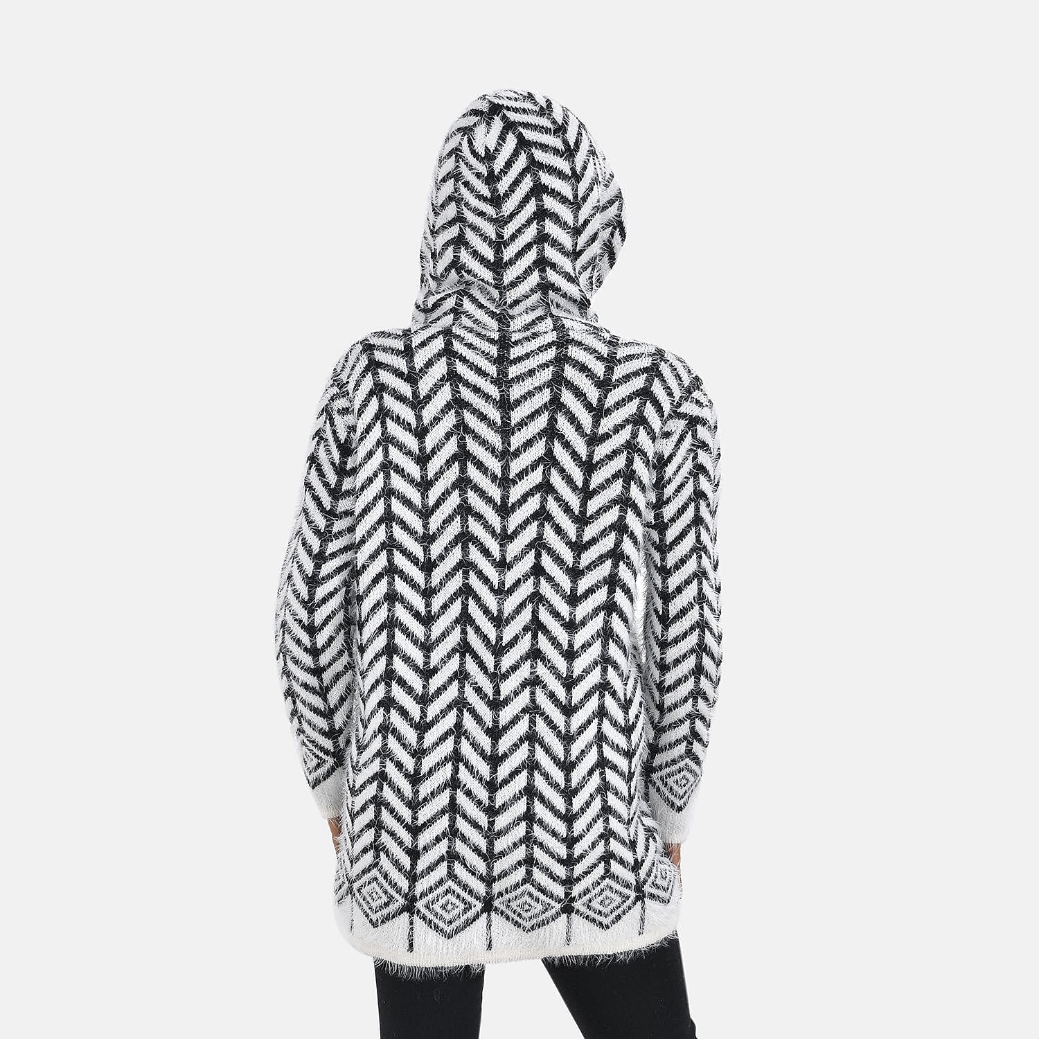Abstract Pattern Coatigan with Hoodie (Size 8 - 18) - Black - White