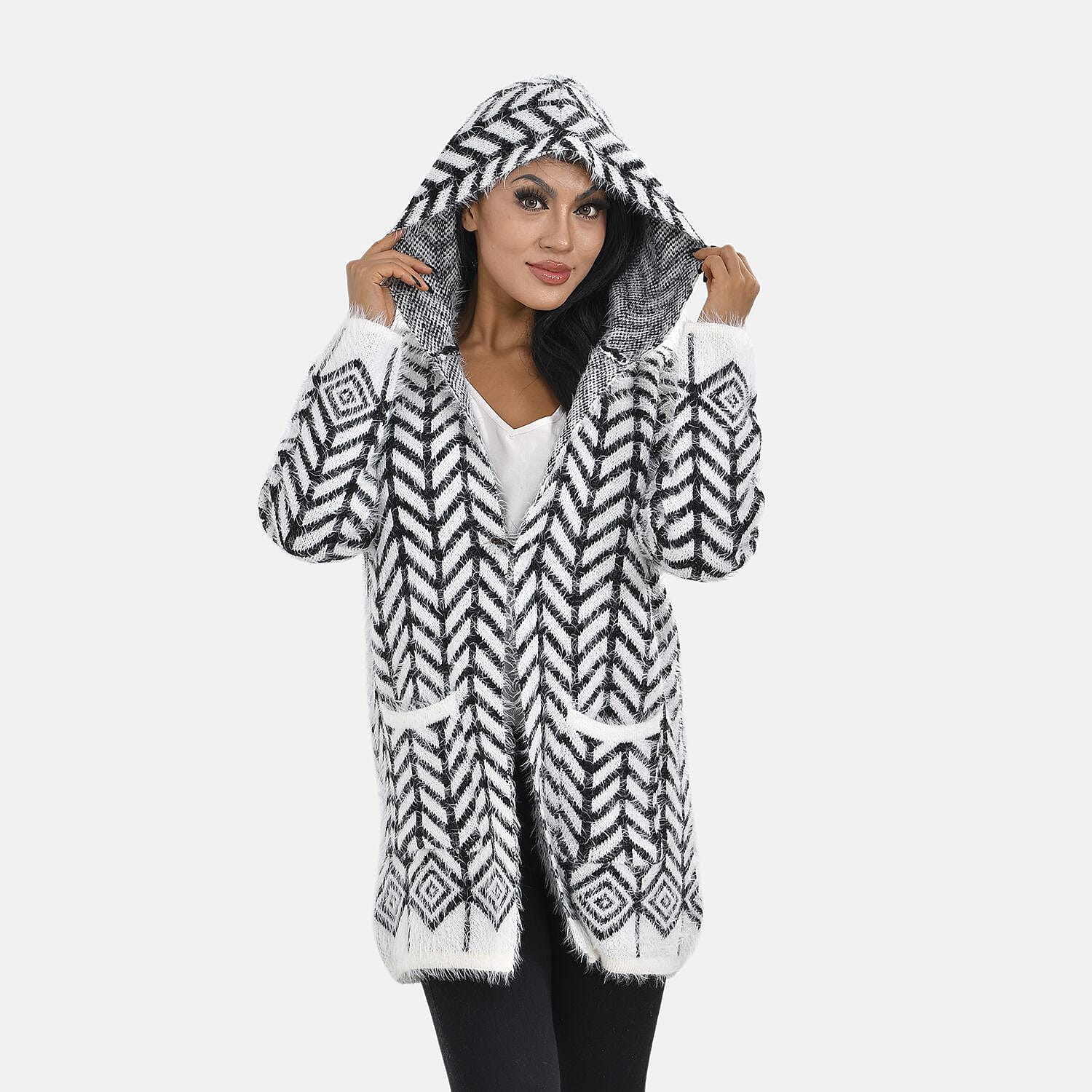 Abstract Pattern Coatigan with Hoodie (Size 8 - 18) - Black - White