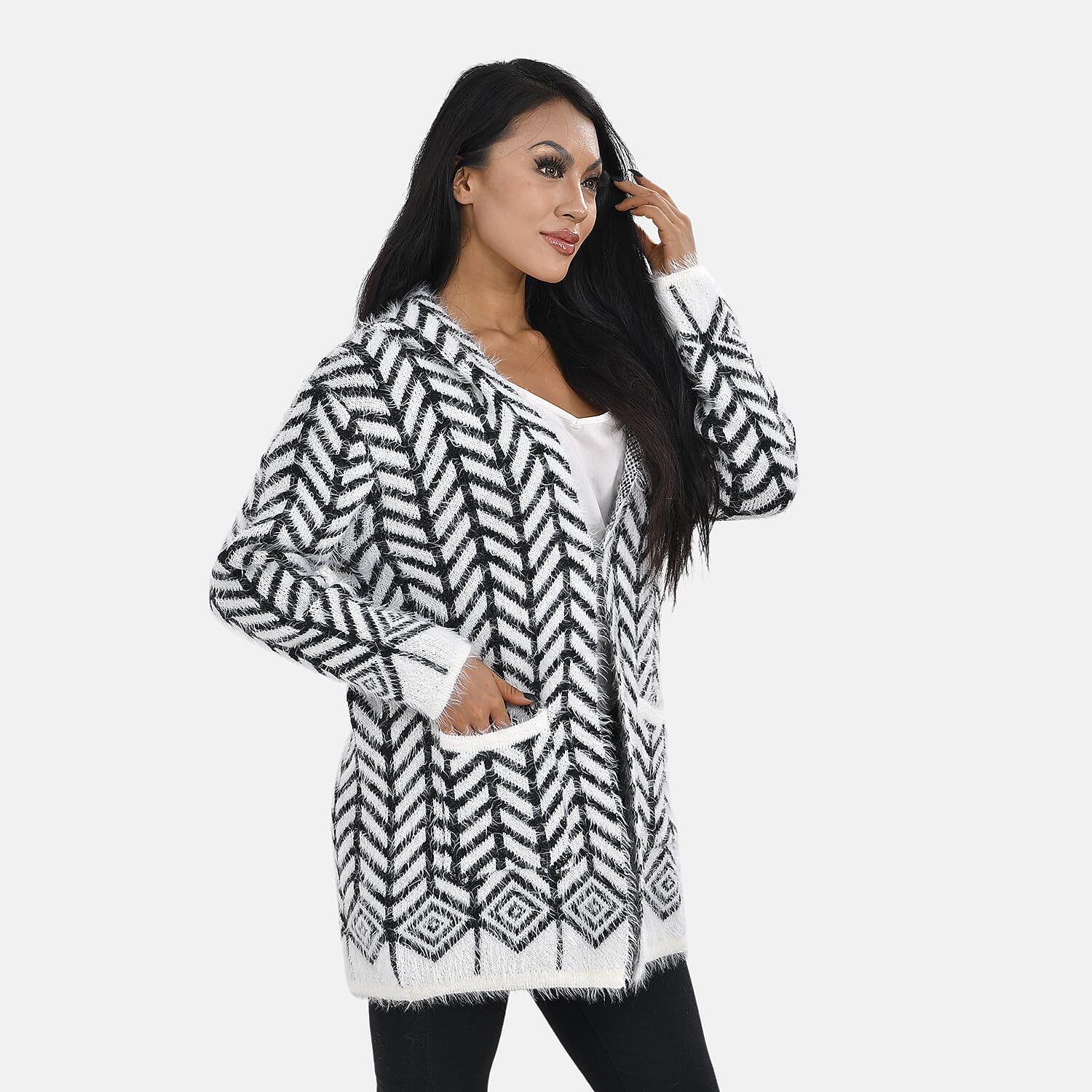 Abstract Pattern Coatigan with Hoodie (Size 8 - 18) - Black - White