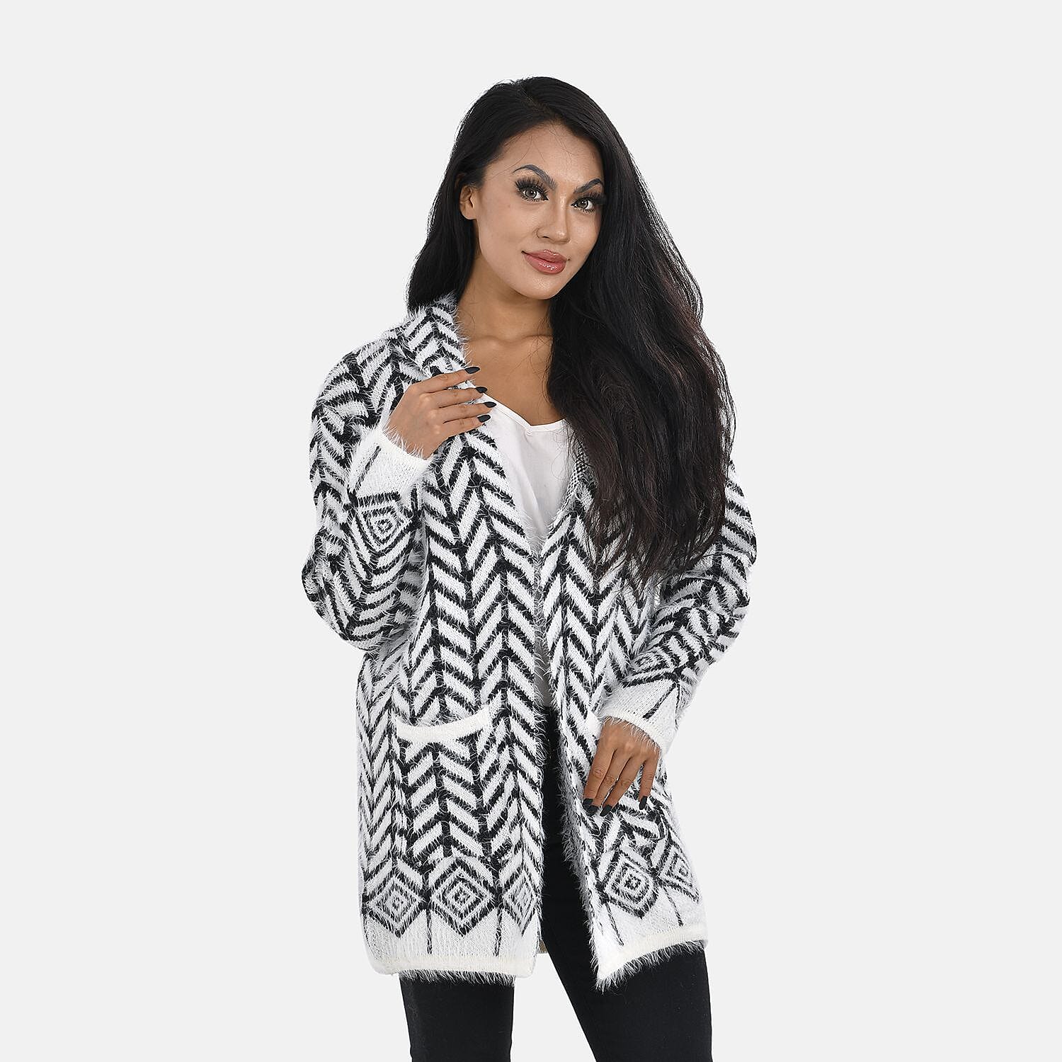 Abstract Pattern Coatigan with Hoodie (Size 8 - 18) - Black - White