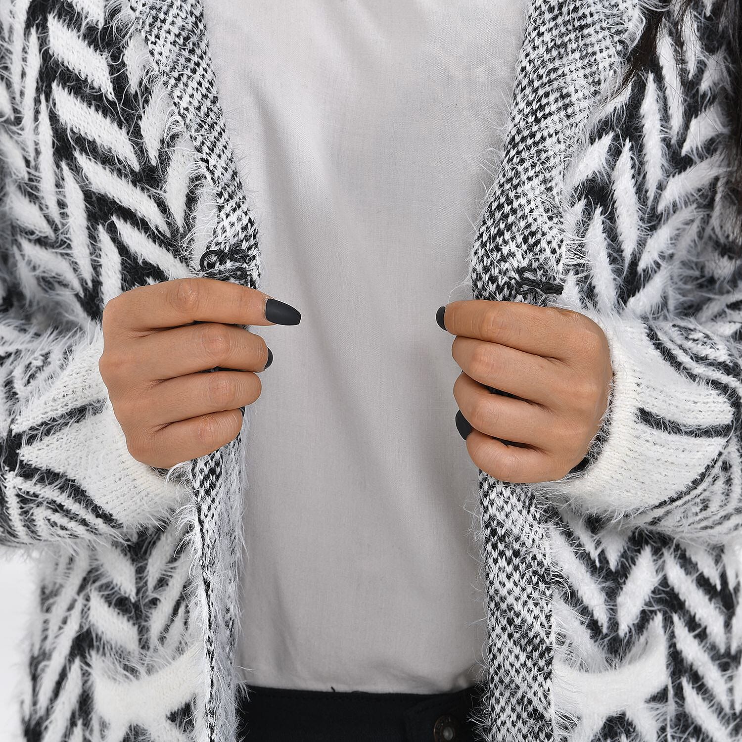 Abstract Pattern Coatigan with Hoodie (Size 8 - 18) - Black - White