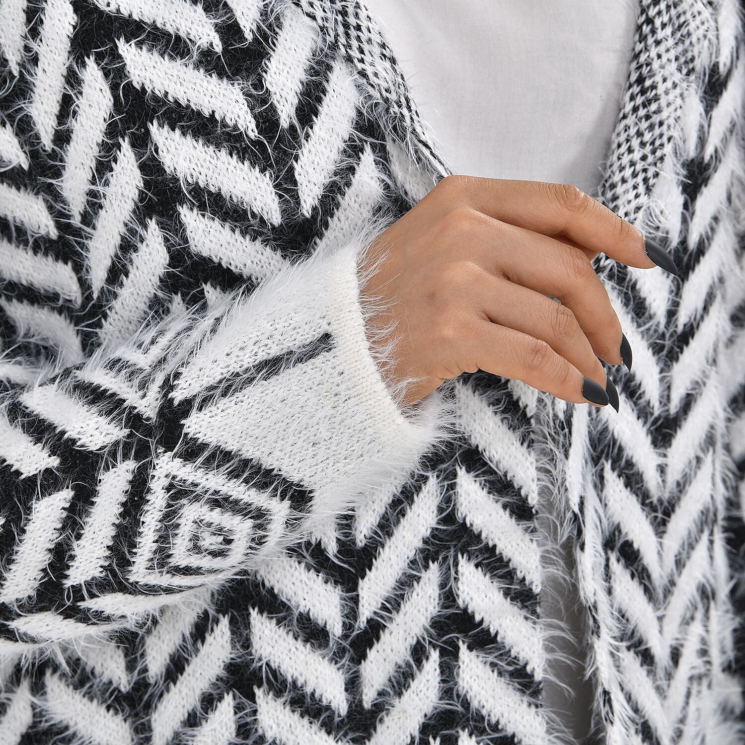 Abstract Pattern Coatigan with Hoodie (Size 8 - 18) - Black - White