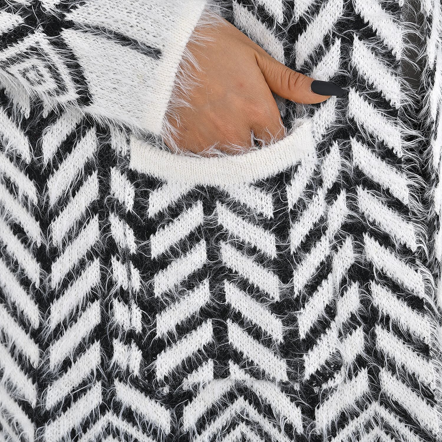 Abstract Pattern Coatigan with Hoodie (Size 8 - 18) - Black - White