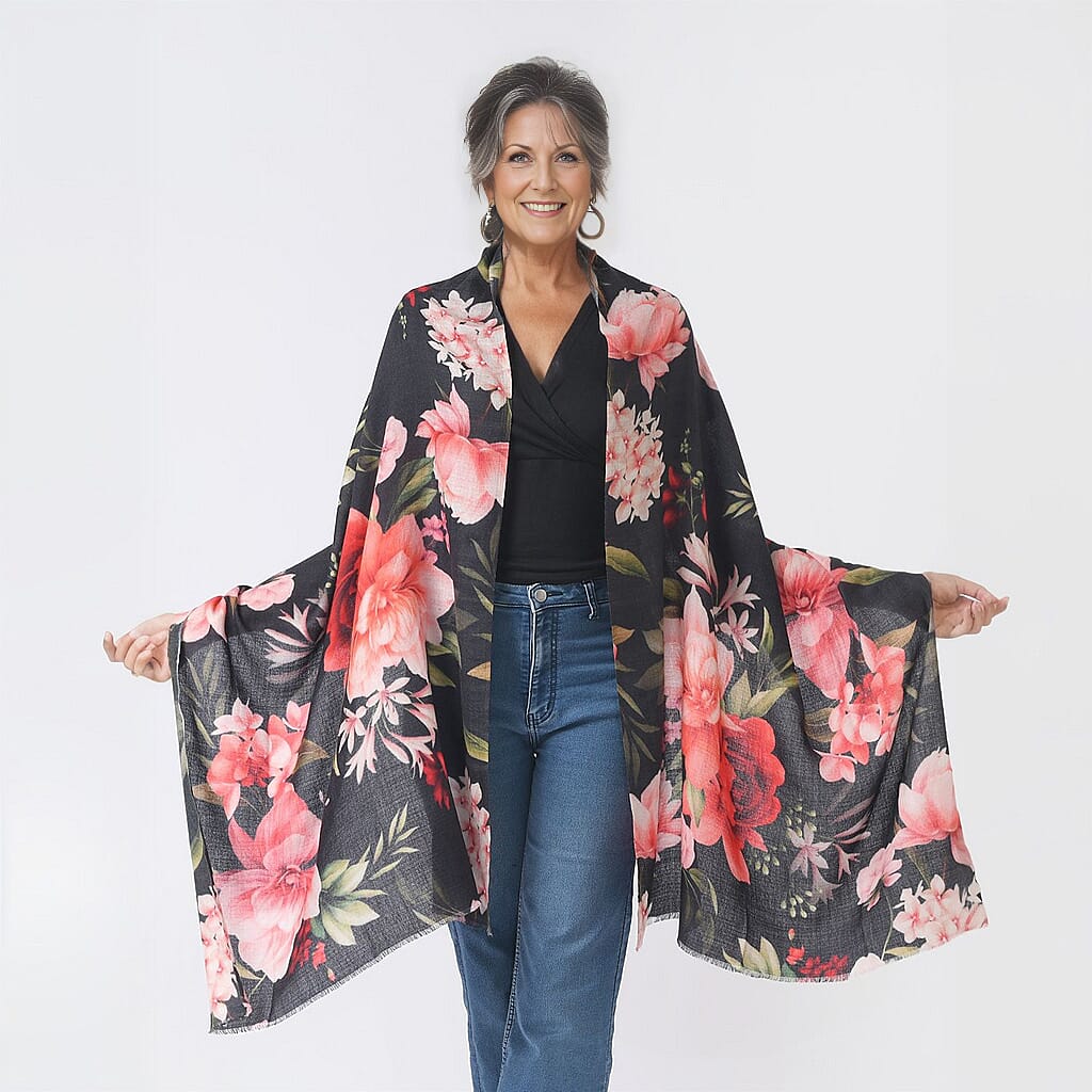 La Marey 100% Cashmere Printed Scarf (Size 190x70 cm) - Dark Grey