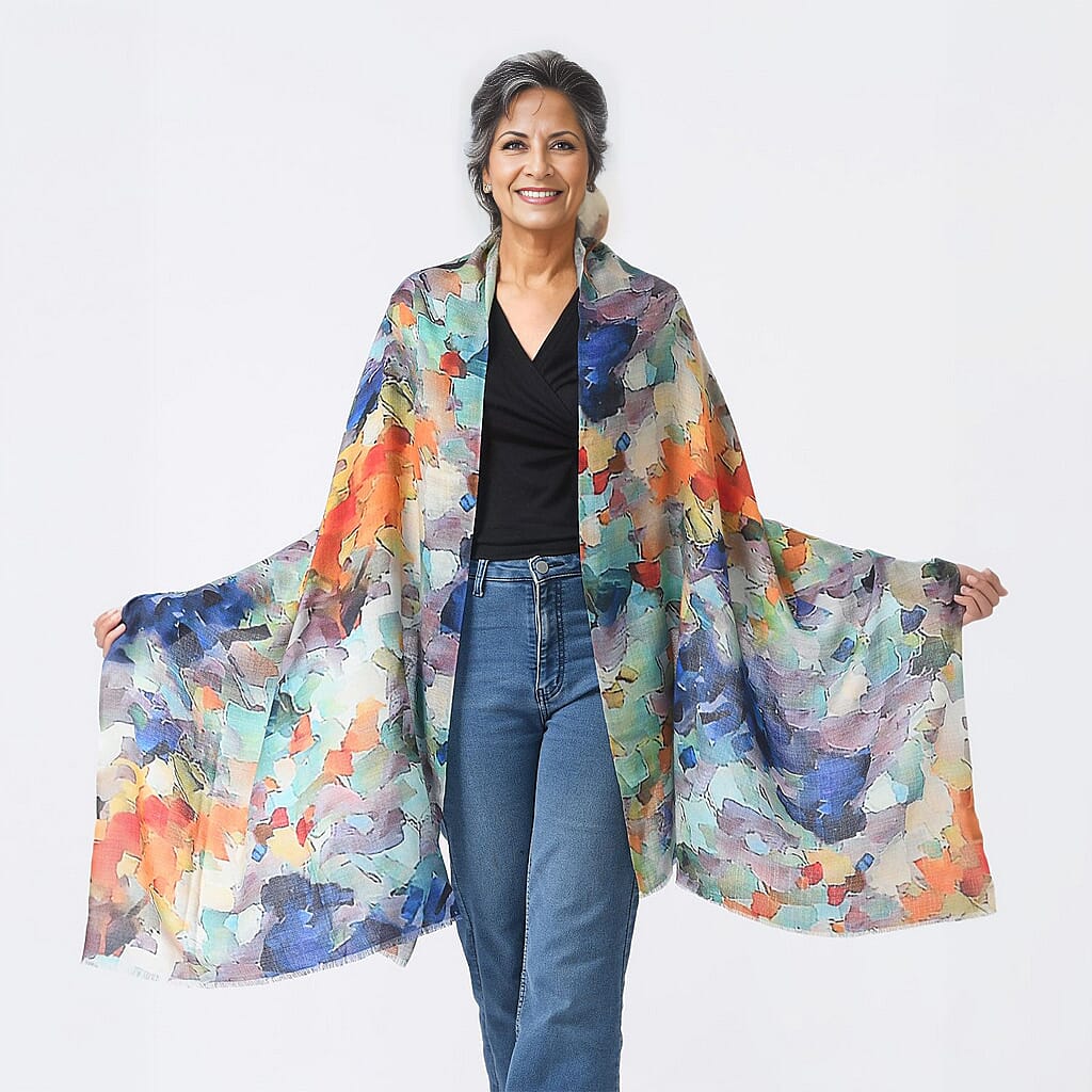 La Marey 100% Cashmere Printed Scarf (Size 190x70 cm) - Aquamarine