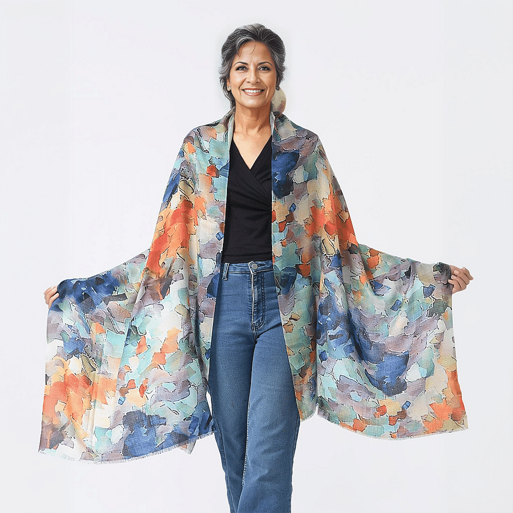 La Marey 100% Cashmere Printed Scarf (Size 190x70 cm) - Aquamarine