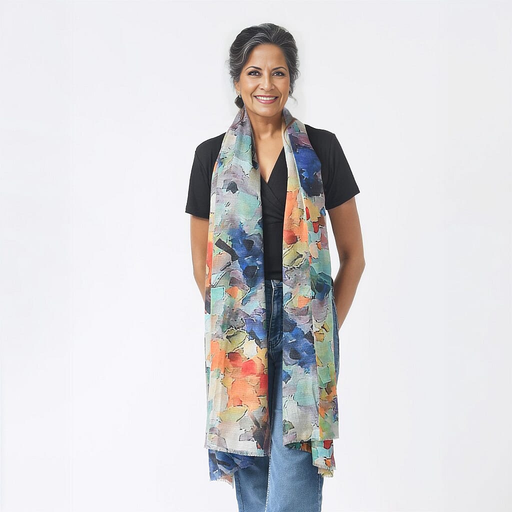 La Marey 100% Cashmere Printed Scarf (Size 190x70 cm) - Aquamarine