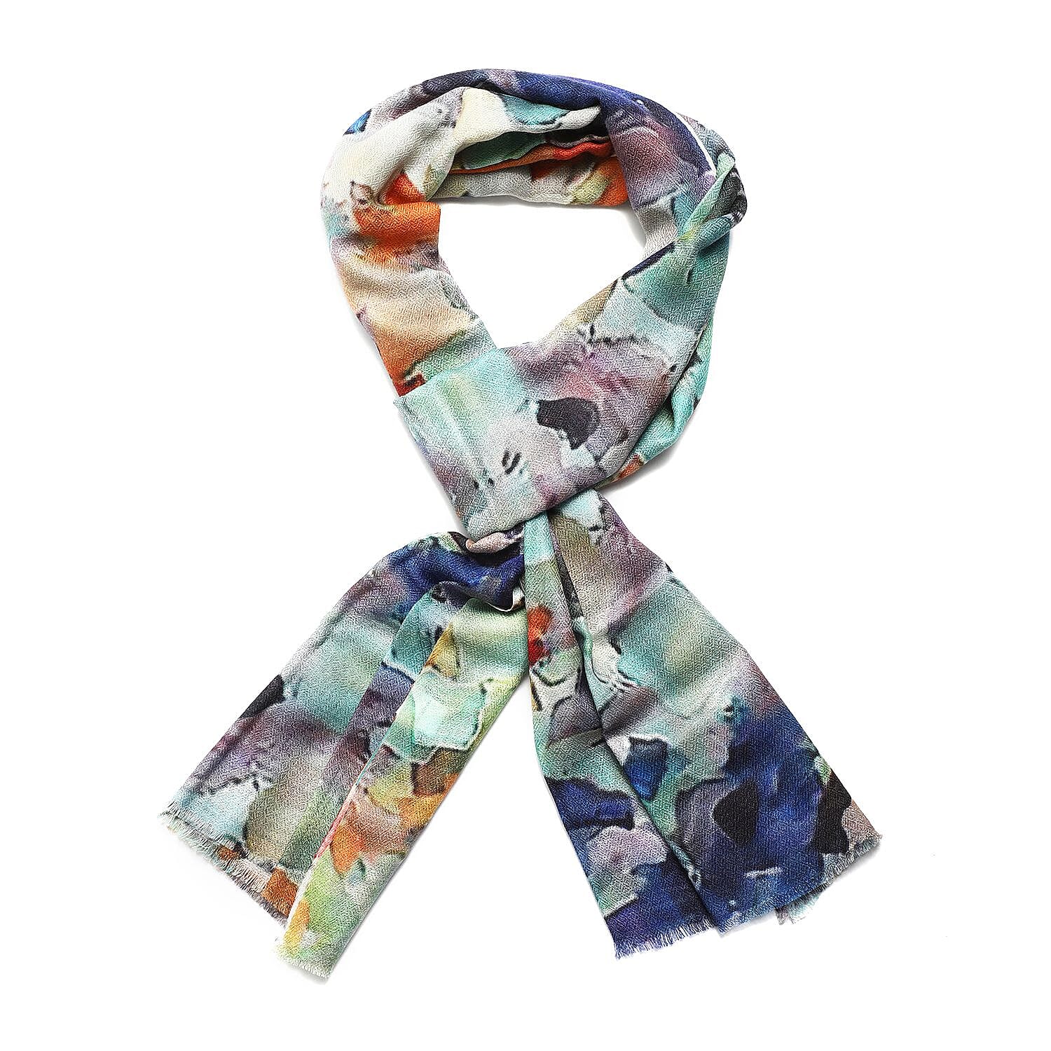 La Marey 100% Cashmere Printed Scarf (Size 190x70 cm) - Aquamarine