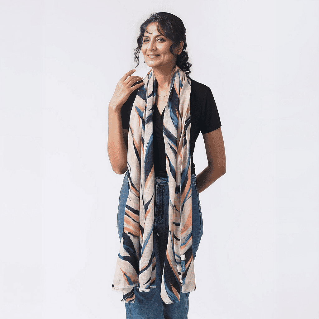 La Marey 100% Cashmere Printed Scarf (Size 190x70 cm) - Cream