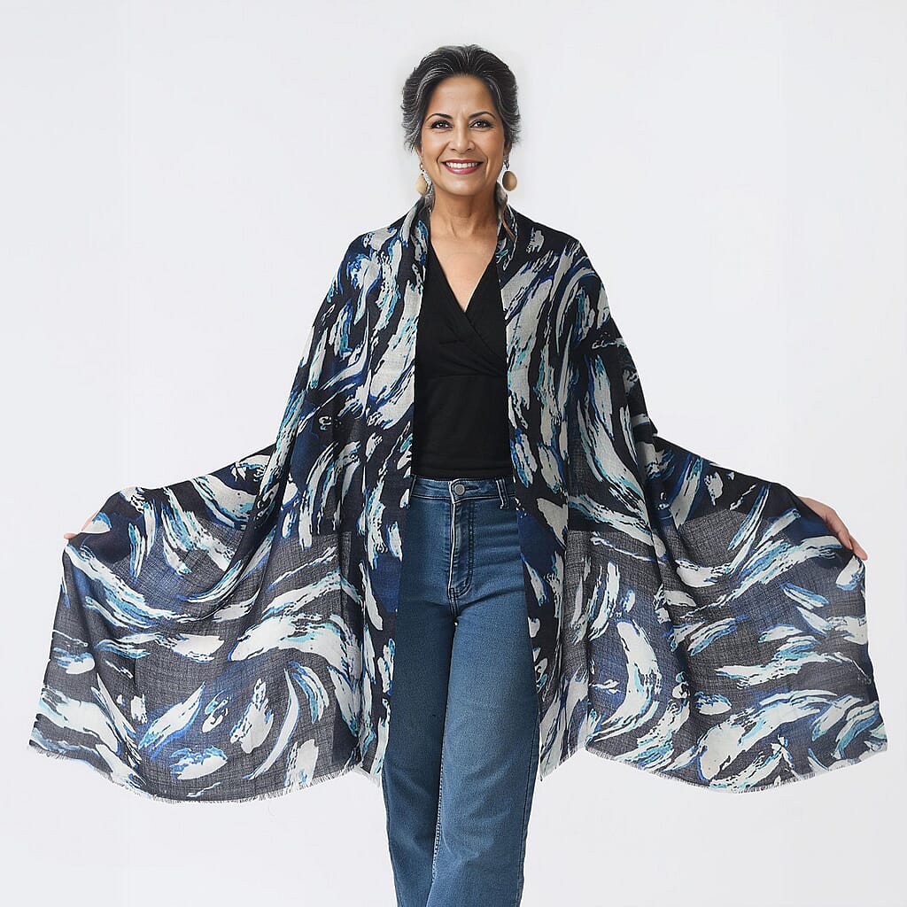 La Marey 100% Cashmere Printed Scarf (Size 190x70 cm) - French Navy